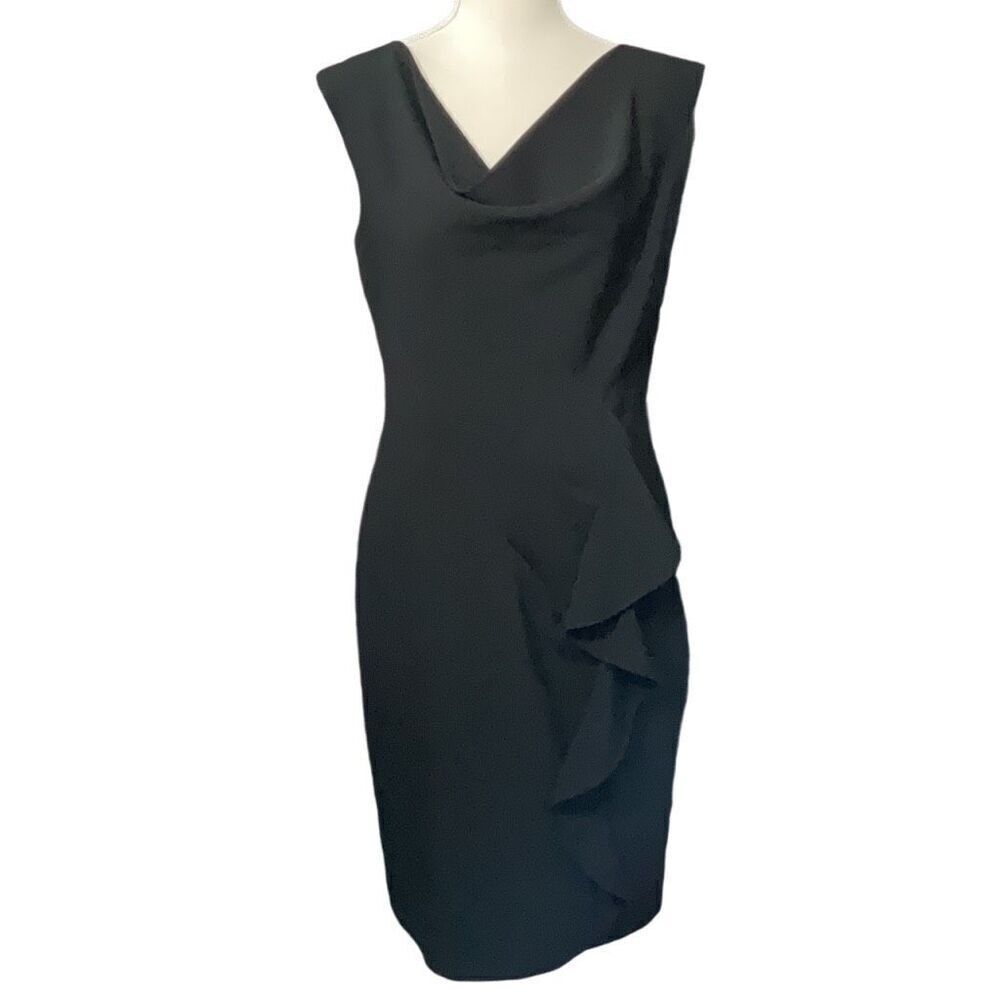 Calvin Klein Sleeveless Black Dress Cowl Neck Ruffle Waist Full Zip Sheath Med?